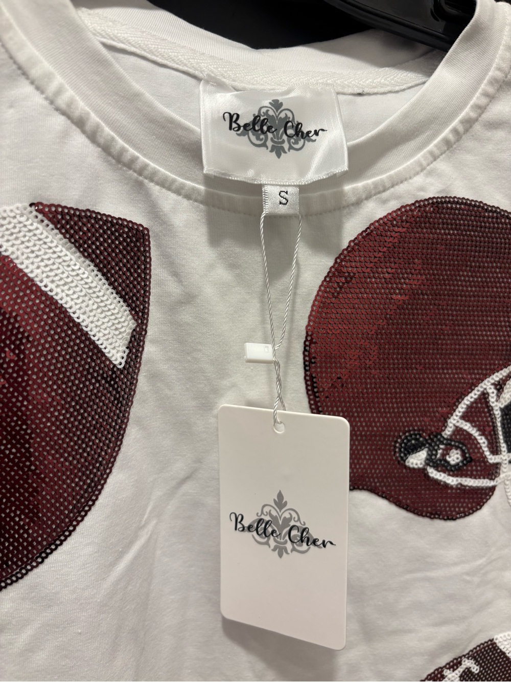 Belle Cher Women’s Sequin Football & Helmet Top Tee Small NWT white Maroon Red - Picture 4 of 7